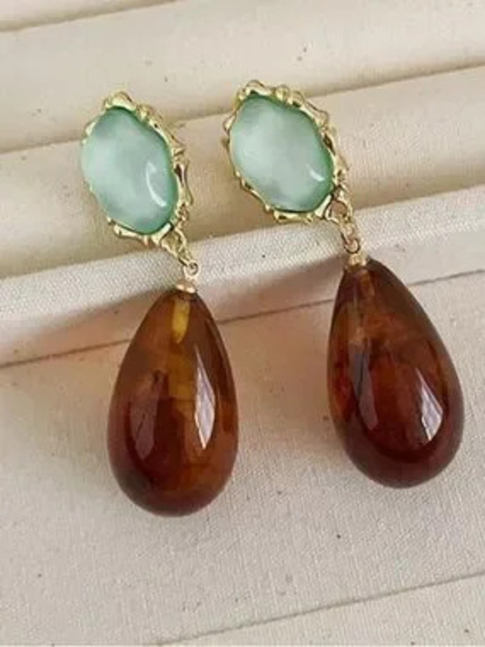 Anthropologie Gold-Trim Mint and Amber Teardrop Earrings